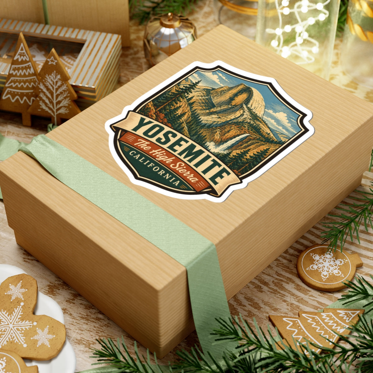Yosemite sticker on wrapped present, Half Dome landscape shield with California banner