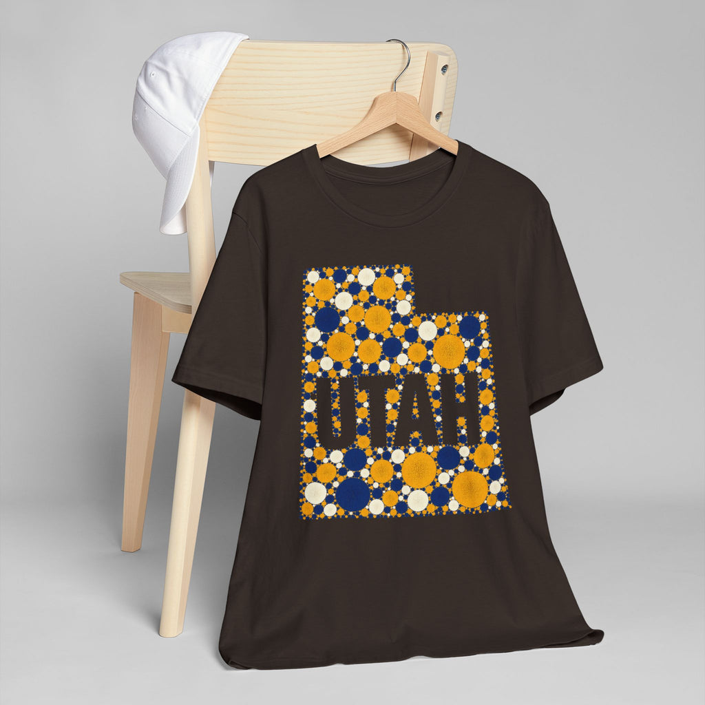 Black crewneck T-shirt with multicolor polka-dot Utah map graphic