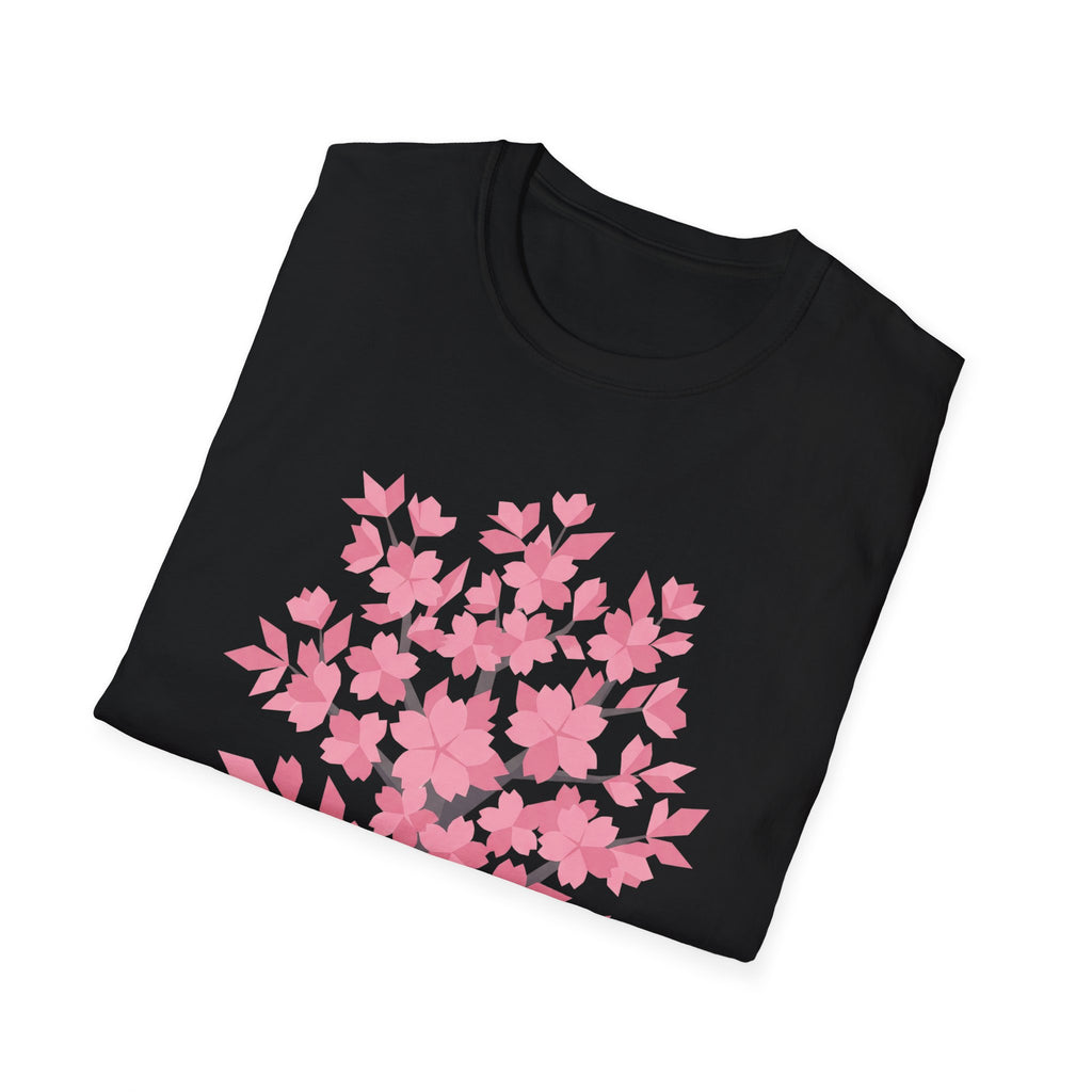 Black crewneck T-shirt with pink cherry blossom tree floral print.