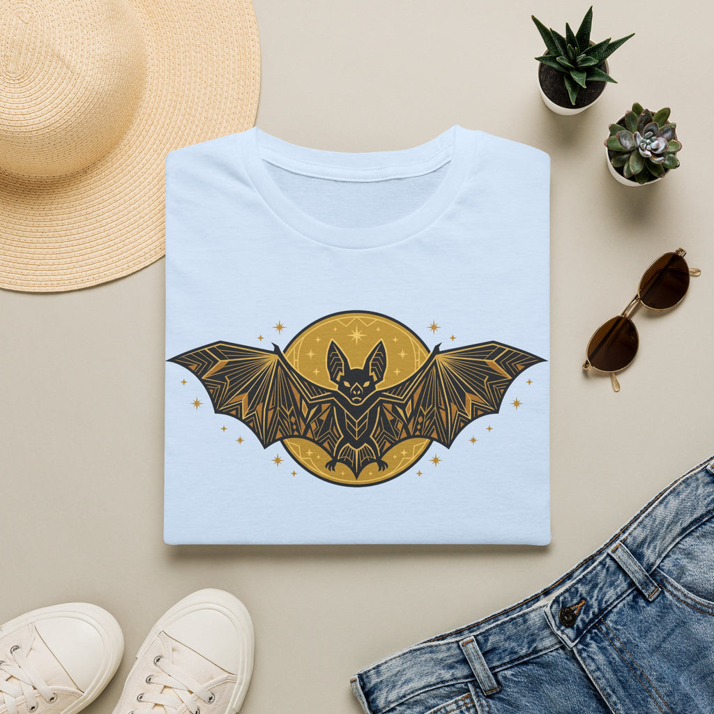 Light blue graphic T-shirt with gold bat moon and winged stars