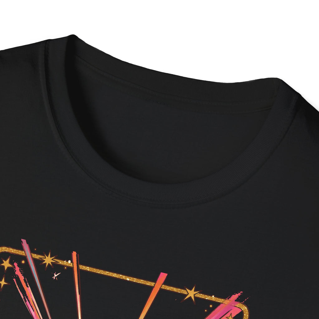 Black T-shirt, crew neck, partial colorful retro skull graphic at lower edge