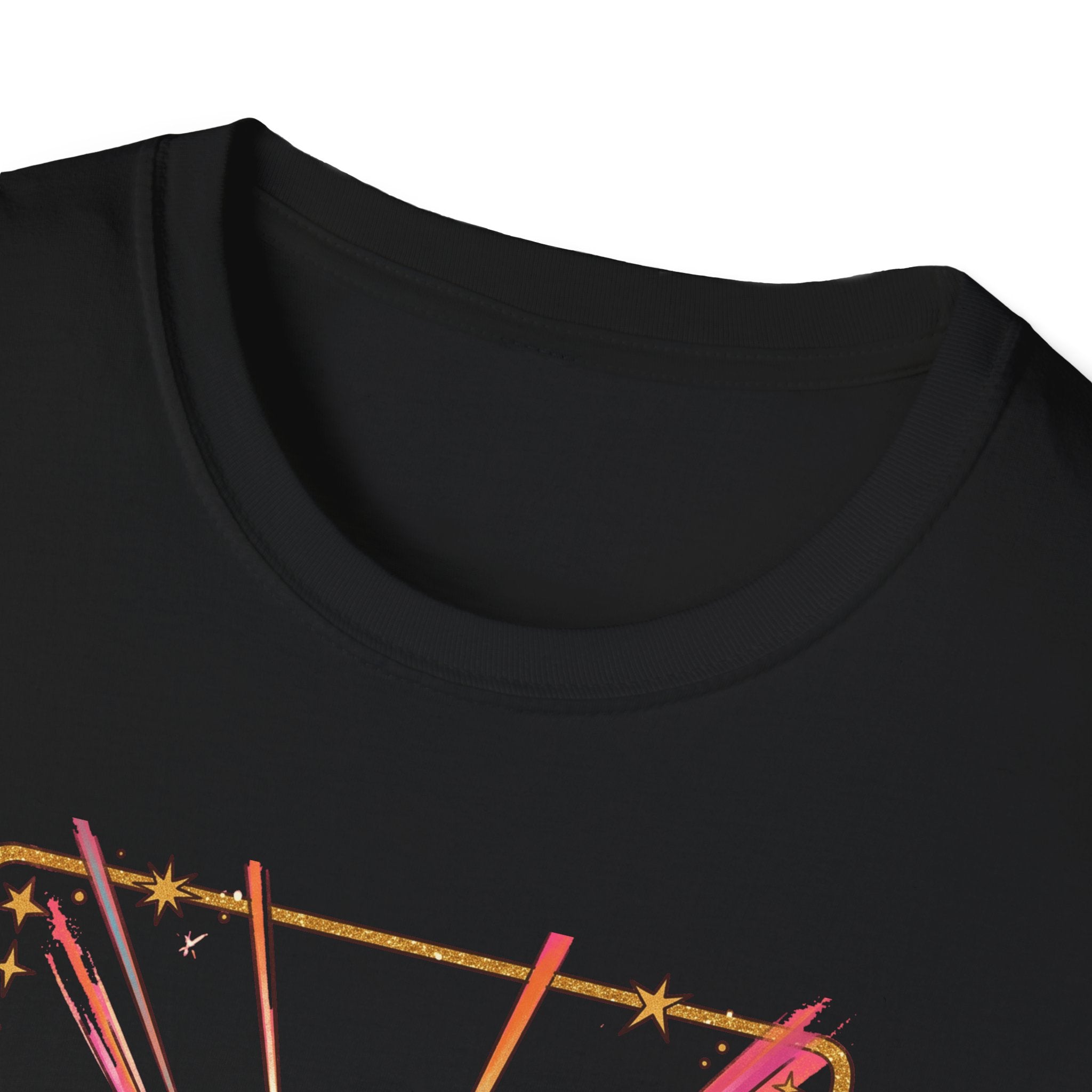 Black T-shirt, crew neck, partial colorful retro skull graphic at lower edge
