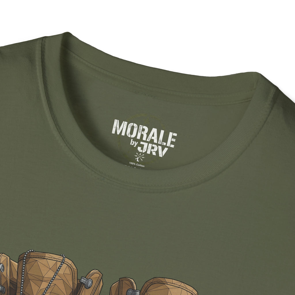 Worn Leather Combat Boots T-Shirt, military green—“MORALE by TRIV” neck logo