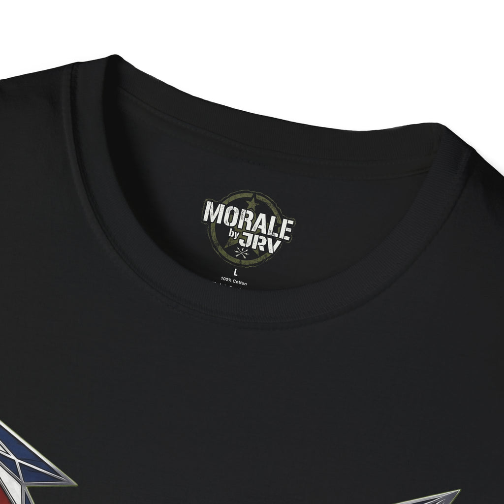 Black crew-neck T-shirt collar with Morale by TRI label