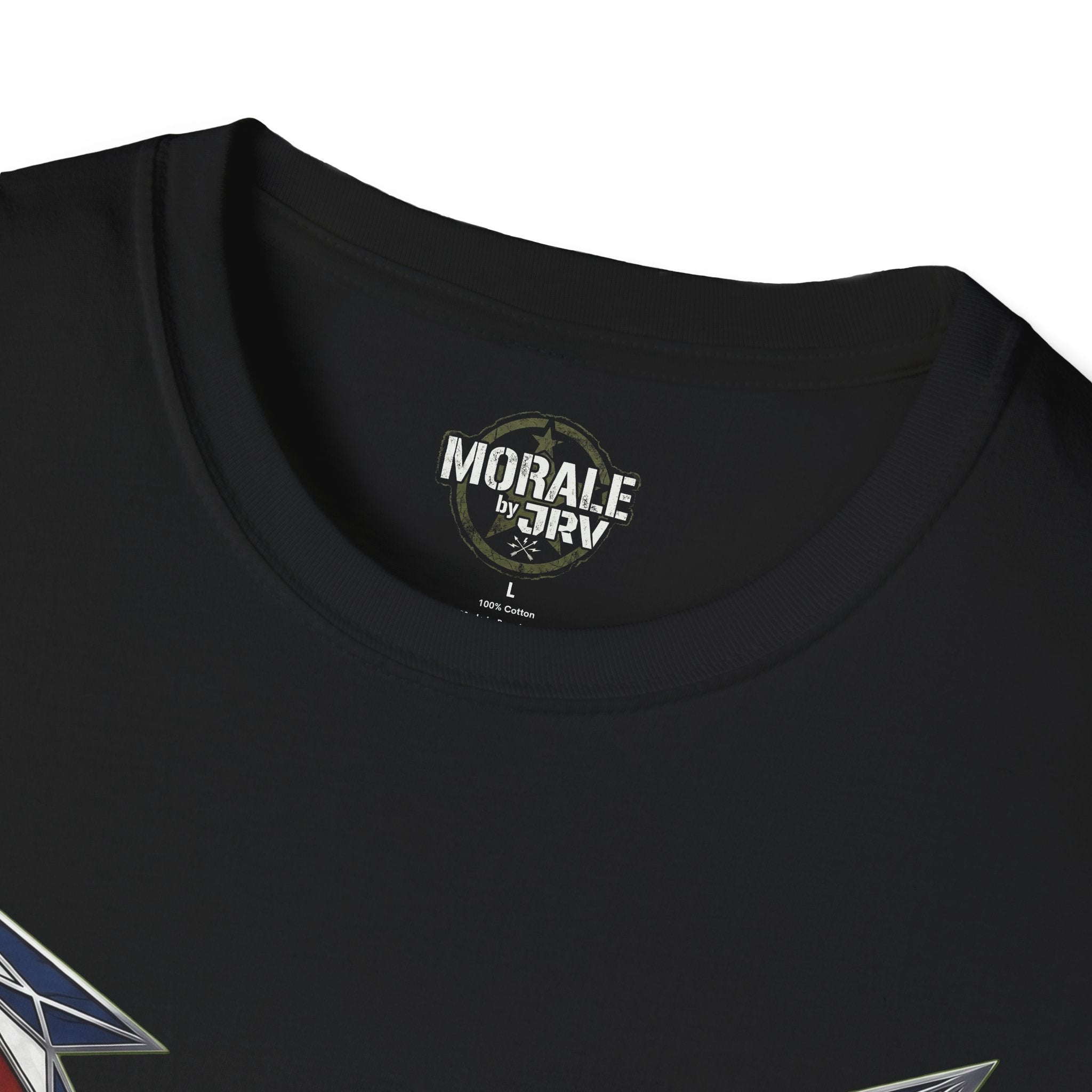 Black crew-neck T-shirt collar with Morale by TRI label
