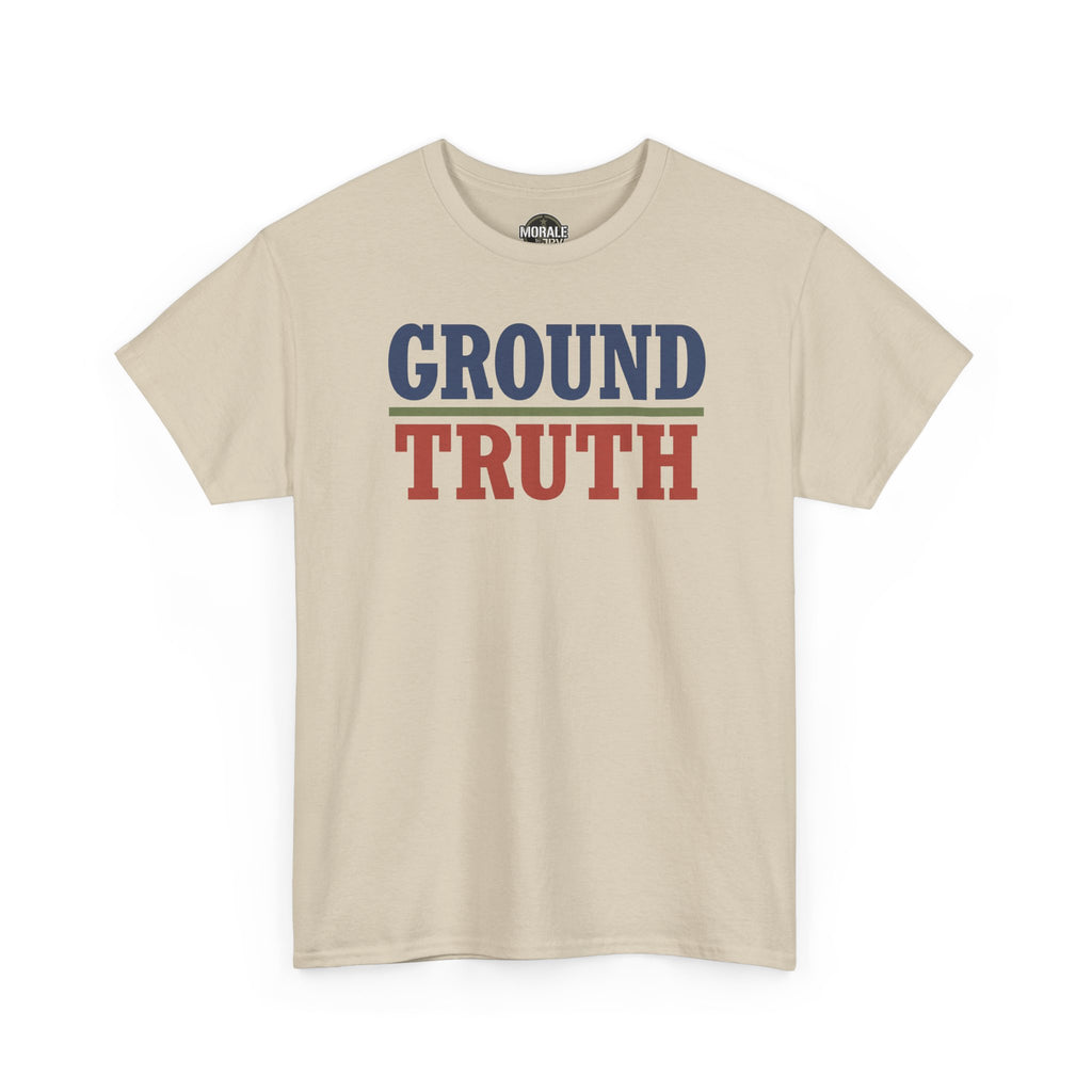 Sand beige crewneck t-shirt with 'GROUND TRUTH' graphic in red and blue.