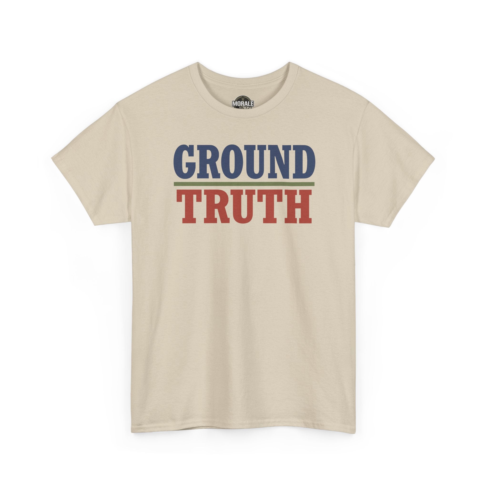 Sand beige crewneck t-shirt with 'GROUND TRUTH' graphic in red and blue.
