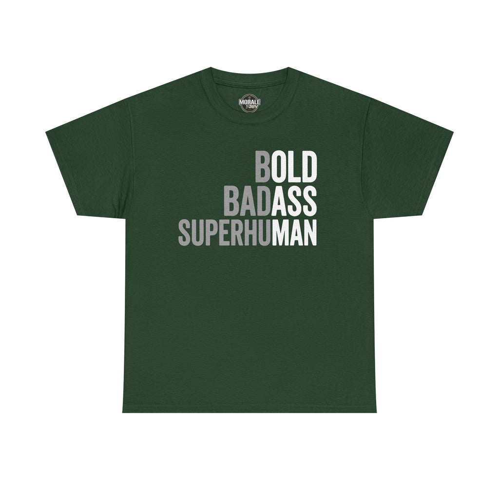 Men's forest green graphic t-shirt with Bold Badass Superhuman slogan print