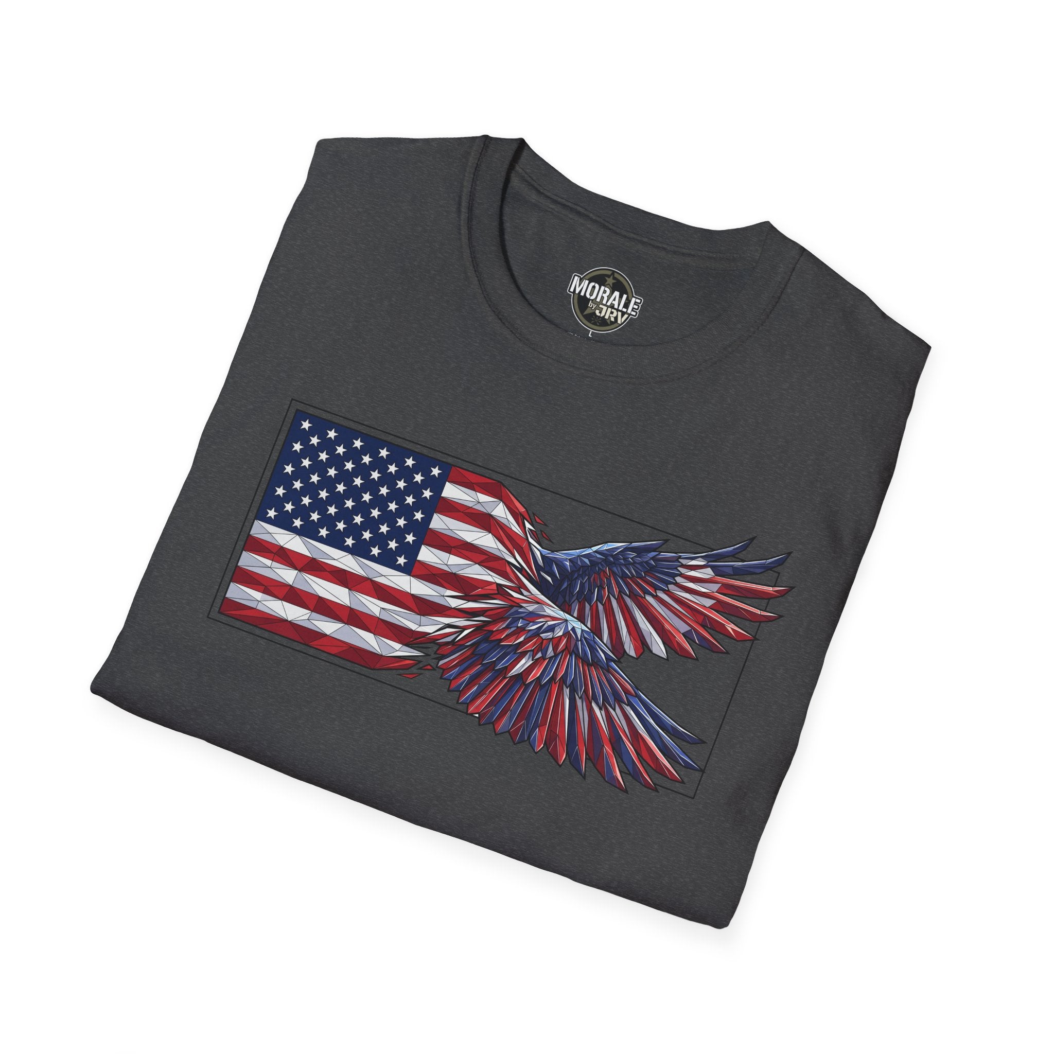 Dark heather T-shirt with bald eagle and American flag graphic on the front