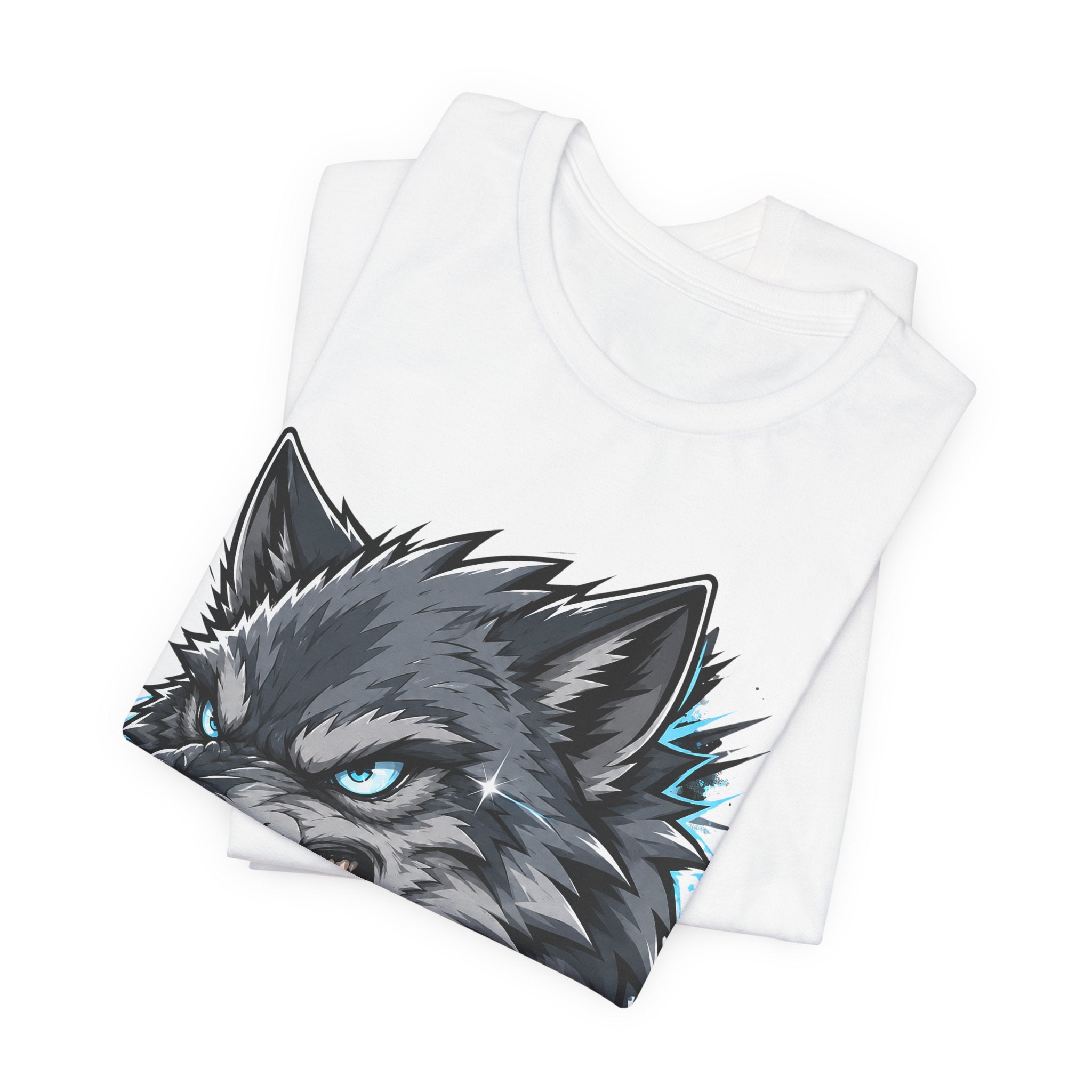 White wolf head graphic t-shirt with snarling wolf face, teal highlights
