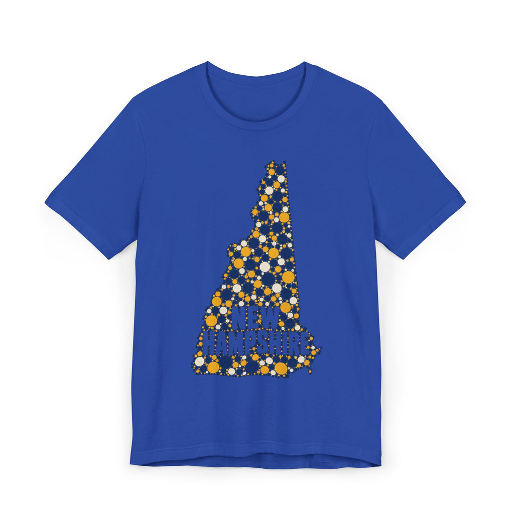 Royal blue crew-neck T-shirt with floral New Hampshire map graphic and “NEW HAMPSHIRE” text