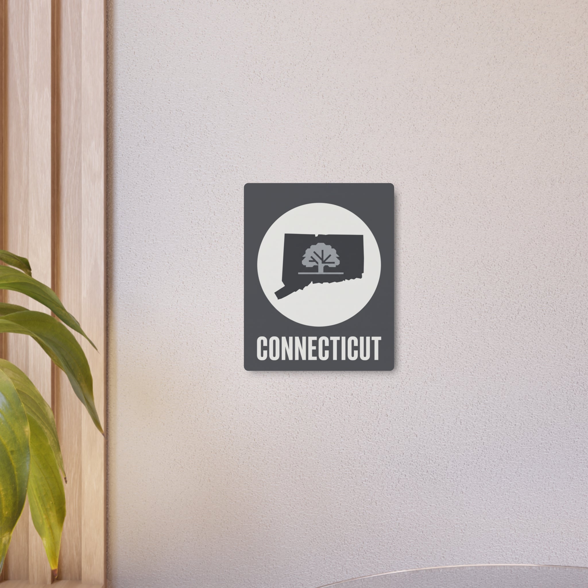 Connecticut metal wall art sign with circular tree silhouette and CONNECTICUT text
