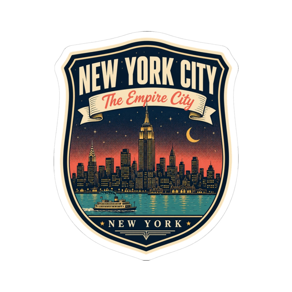 Die-cut sticker with New York City “The Empire City” crest and city skyline over water