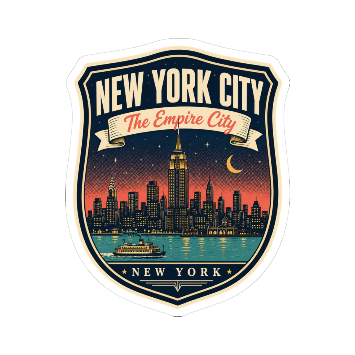 Die-cut sticker with New York City “The Empire City” crest and city skyline over water