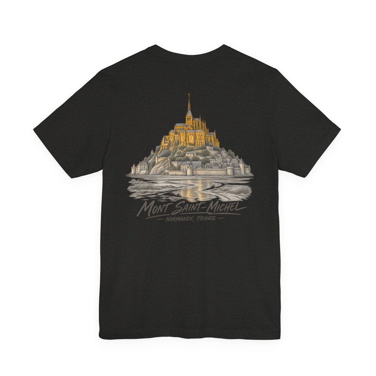 Black crew-neck T-shirt with large vintage castle stamp graphic on chest