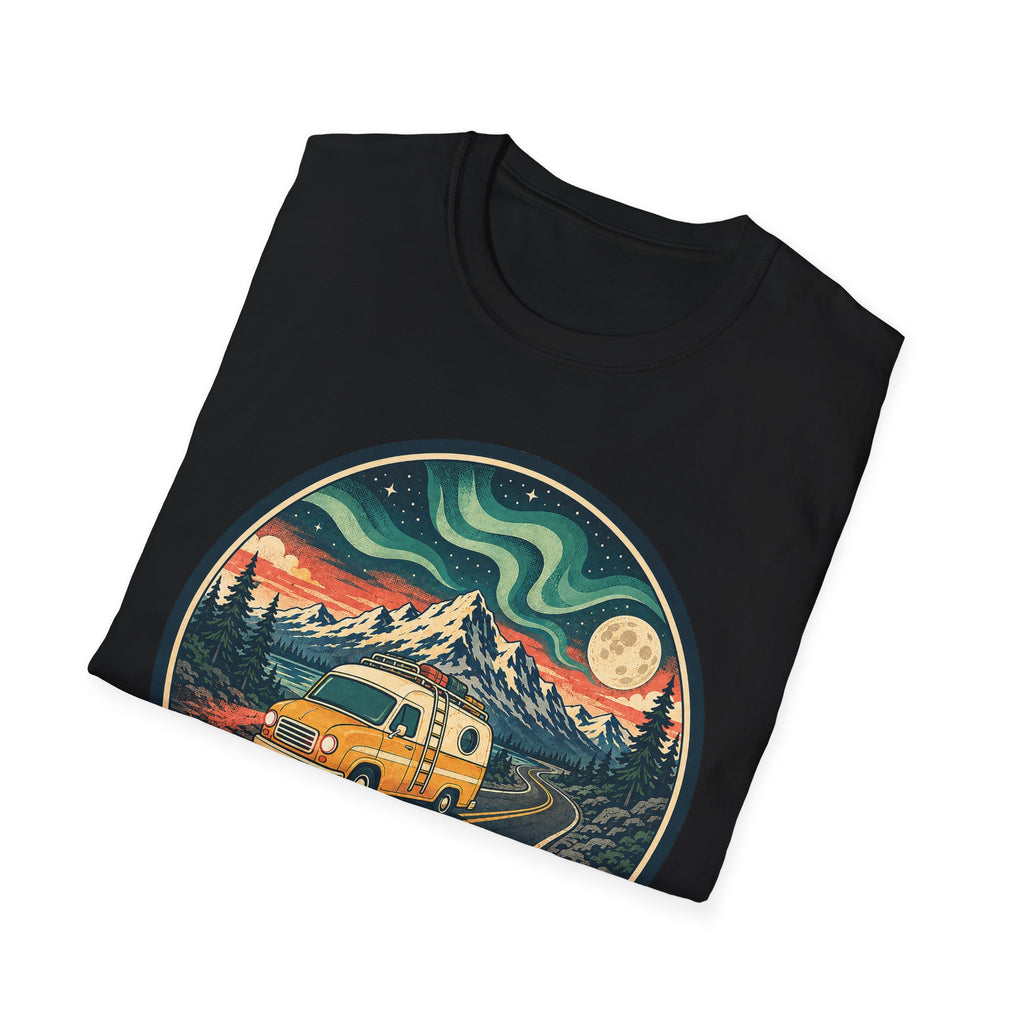 Black unisex T-shirt with circular camper, mountains, moon and aurora graphic