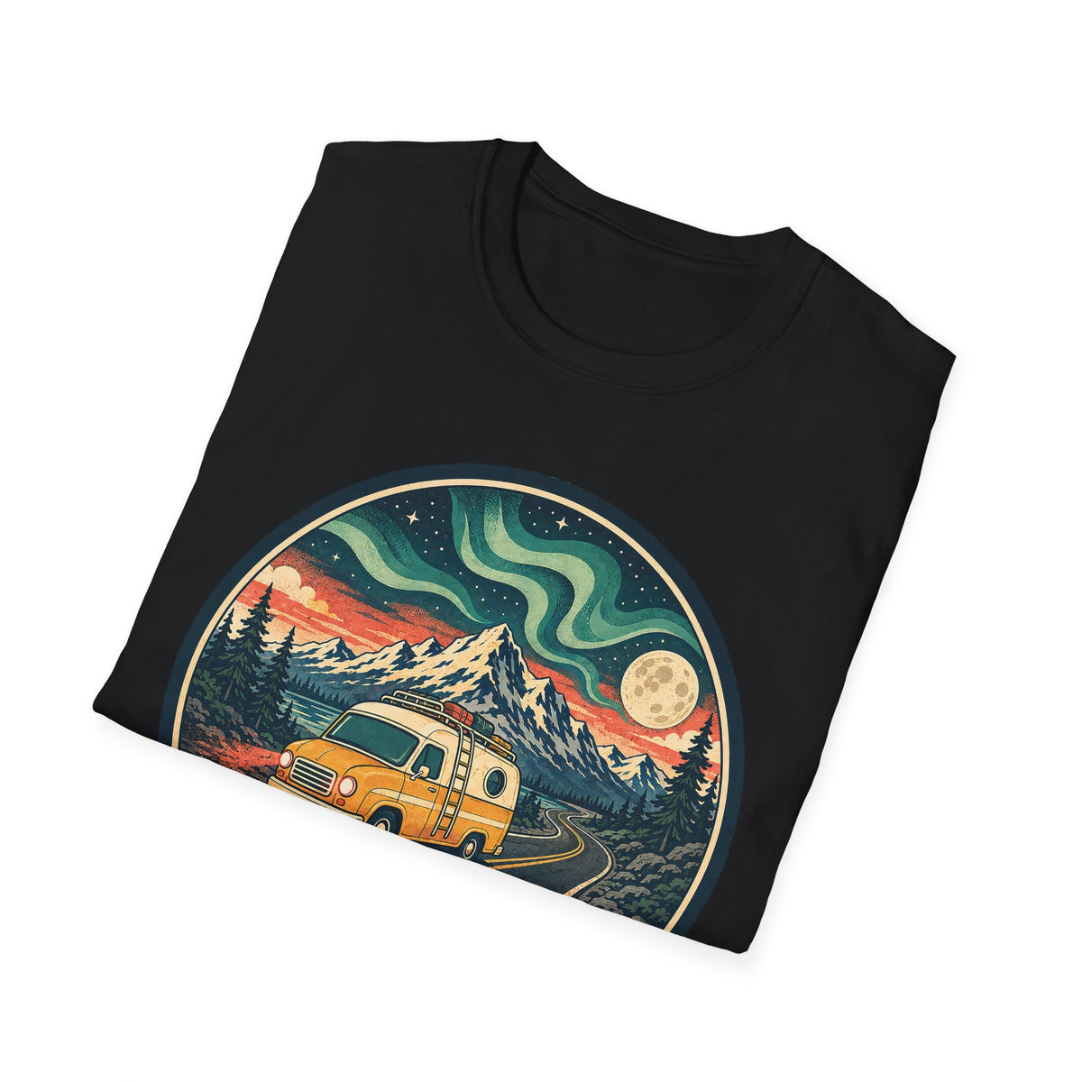 Black unisex T-shirt with circular camper, mountains, moon and aurora graphic