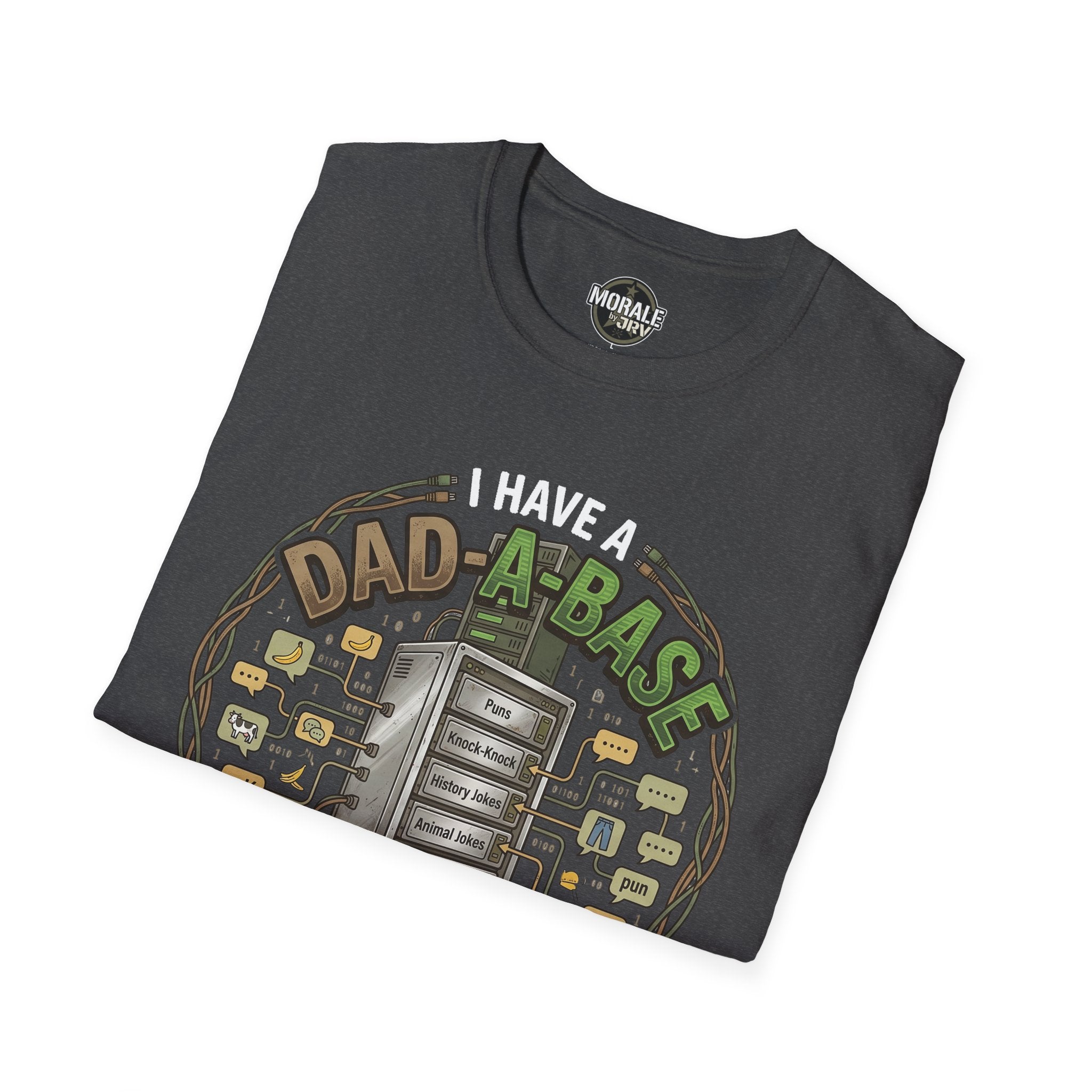 Dunkelgraues T‑Shirt mit „I HAVE A DAD‑A‑BASE“-Aufdruck und Computer-Design