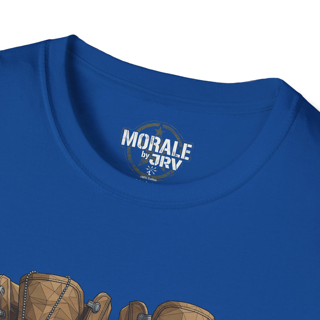 Royal blue T-shirt with vintage „MORALE by TRV“ logo on crew neck