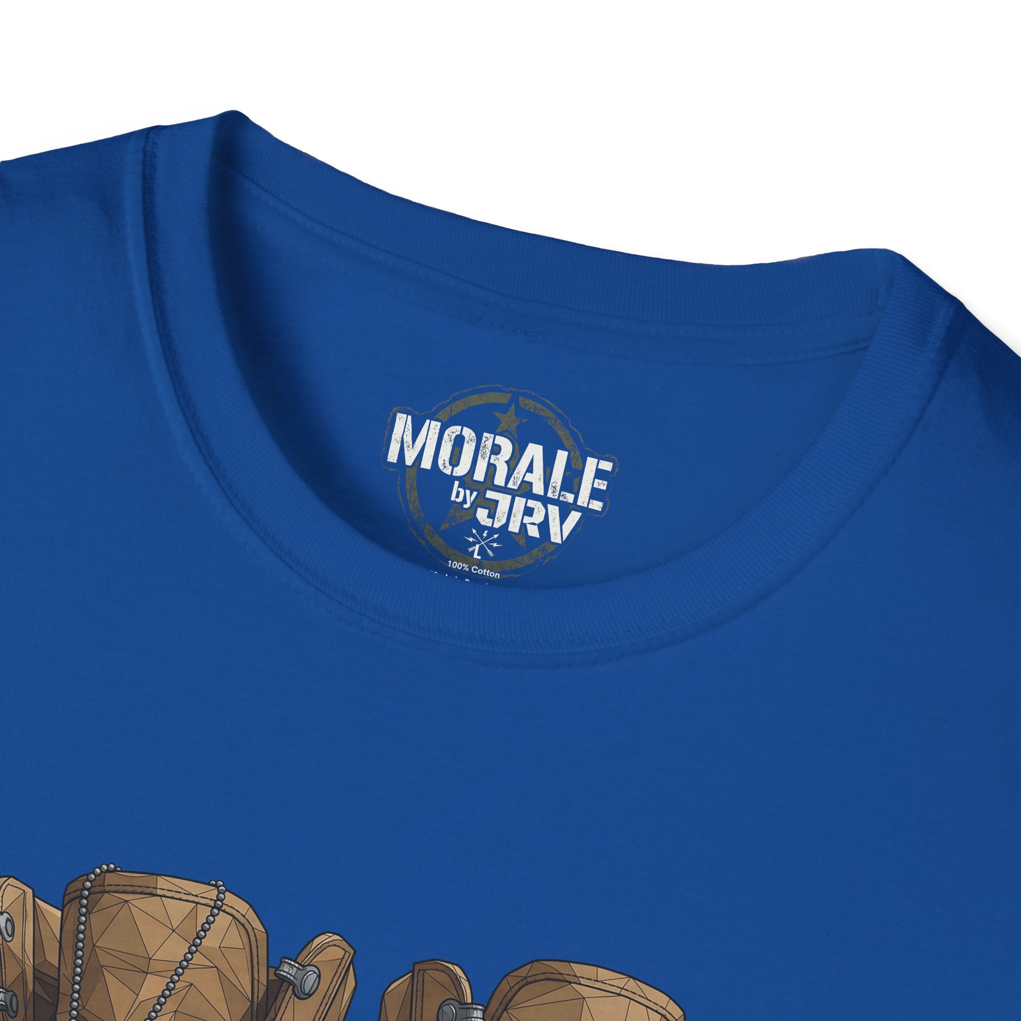 Royal blue T-shirt with vintage „MORALE by TRV“ logo on crew neck