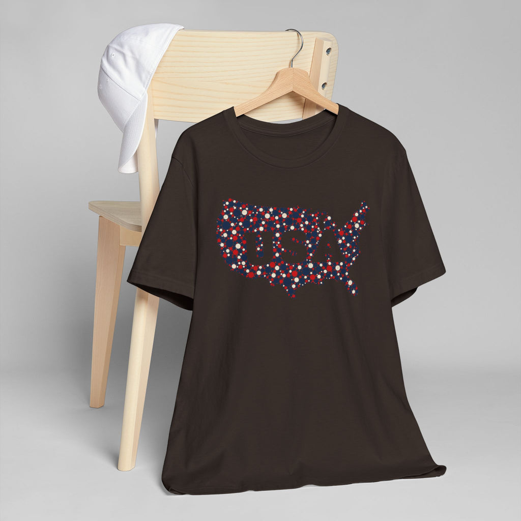 Black crew-neck T-shirt with colorful USA map outline graphic
