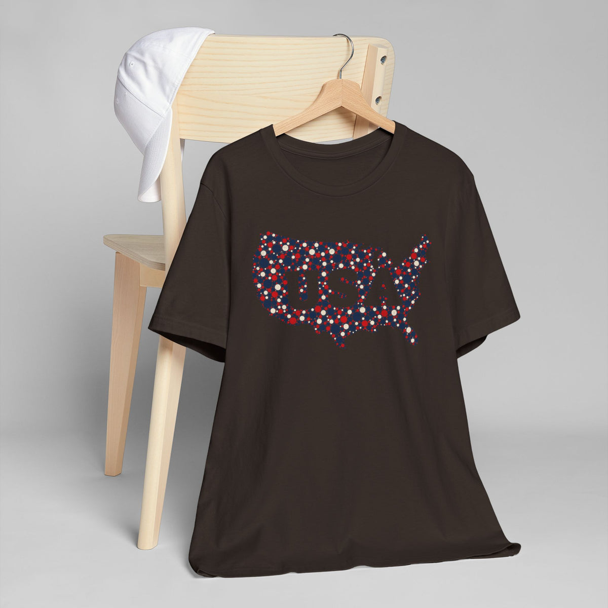 Black crew-neck T-shirt with colorful USA map outline graphic
