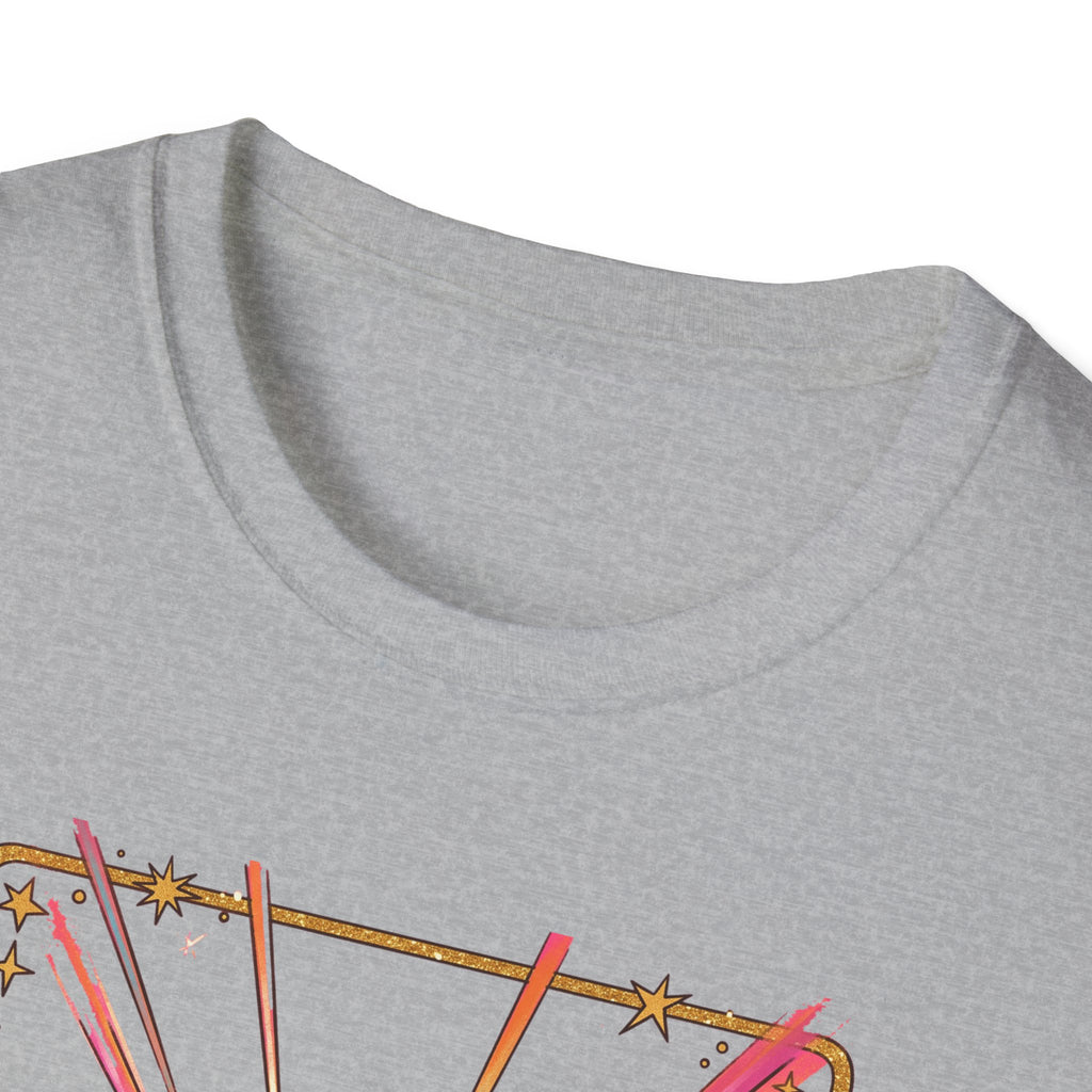 Sport grey T-shirt, crew neck, partial colorful retro skull graphic at bottom edge