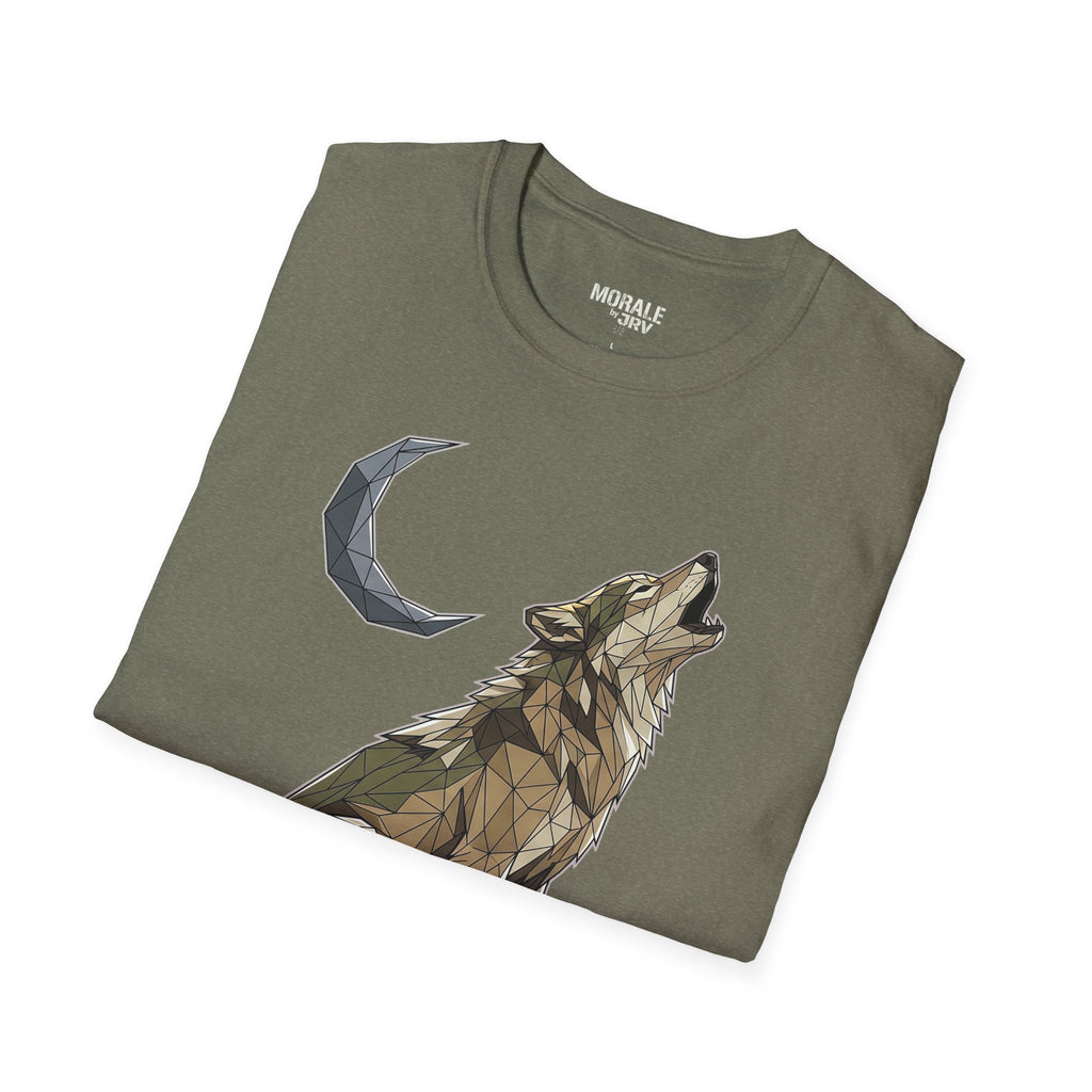 Military green T-shirt with polygon wolf howling and crescent moon print