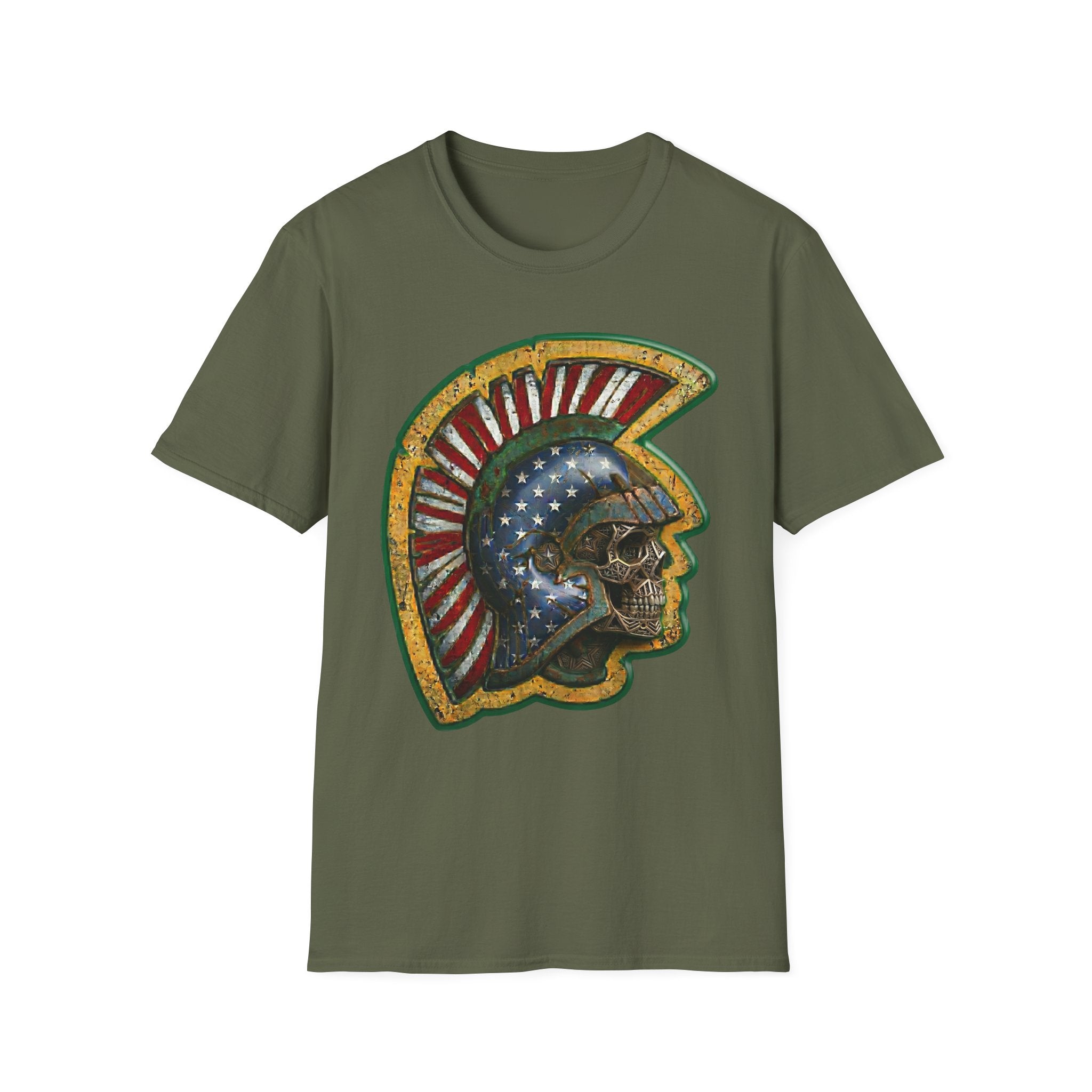 Military green t-shirt with American flag warrior skull helmet graphic front