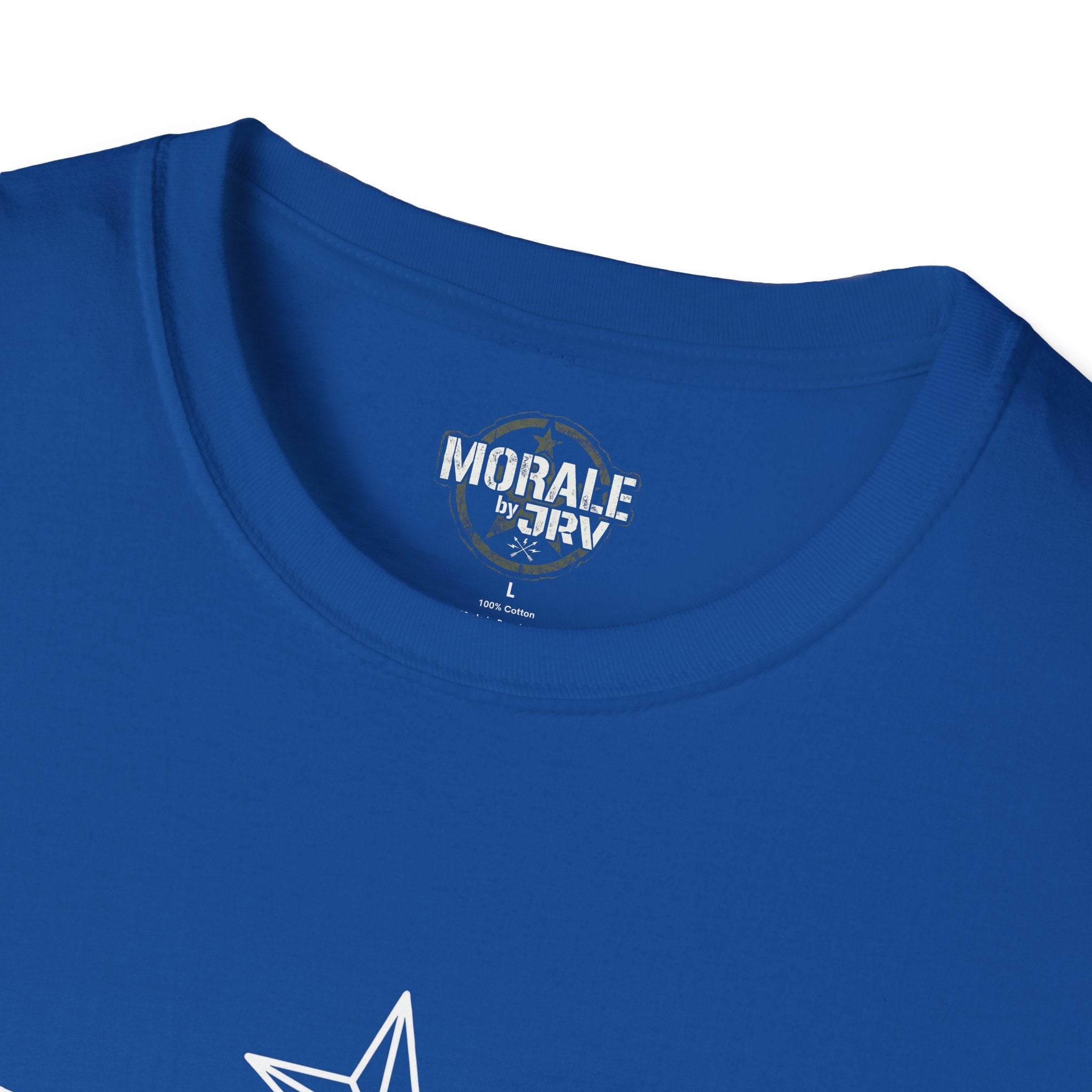 Royal blue T-shirt close-up: crew neck collar shows “MORALE by TRJ” logo