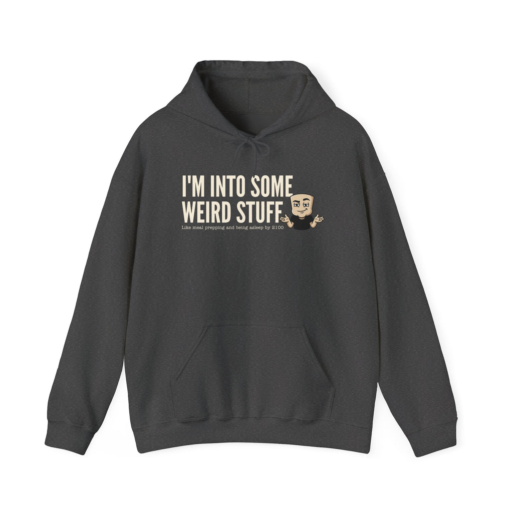 Dark gray hoodie with front text graphic and kangaroo pocket