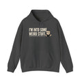 Dark gray hoodie with front text graphic and kangaroo pocket