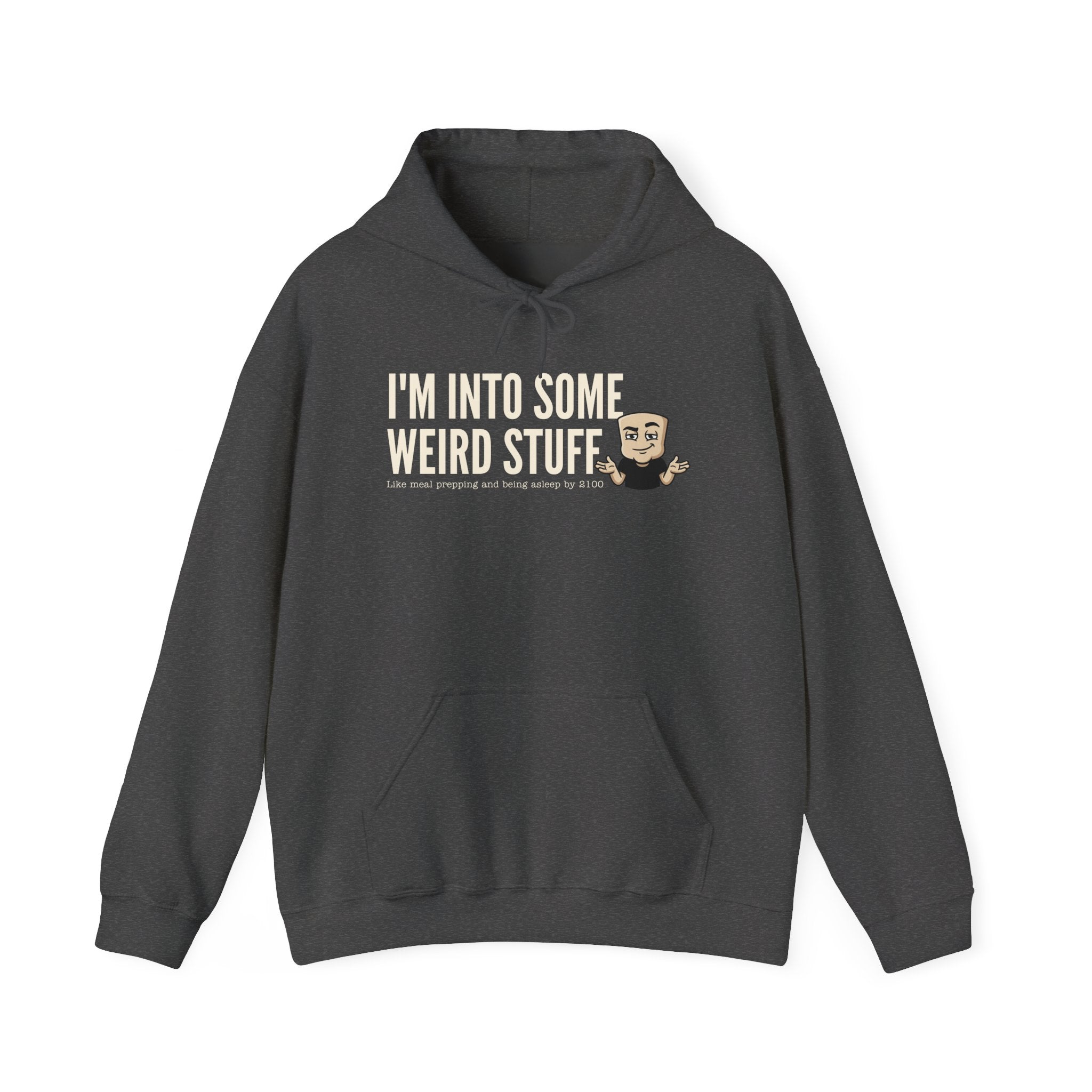 Dark gray hoodie with front text graphic and kangaroo pocket