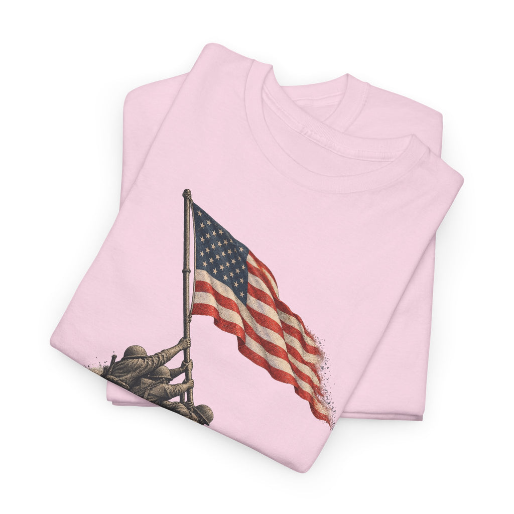 Light pink short-sleeve T-shirt with flag-raising graphic on the front