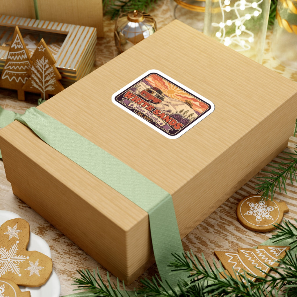 Vinyl sticker on wrapped gift box; vintage camper desert graphic with White Sands
