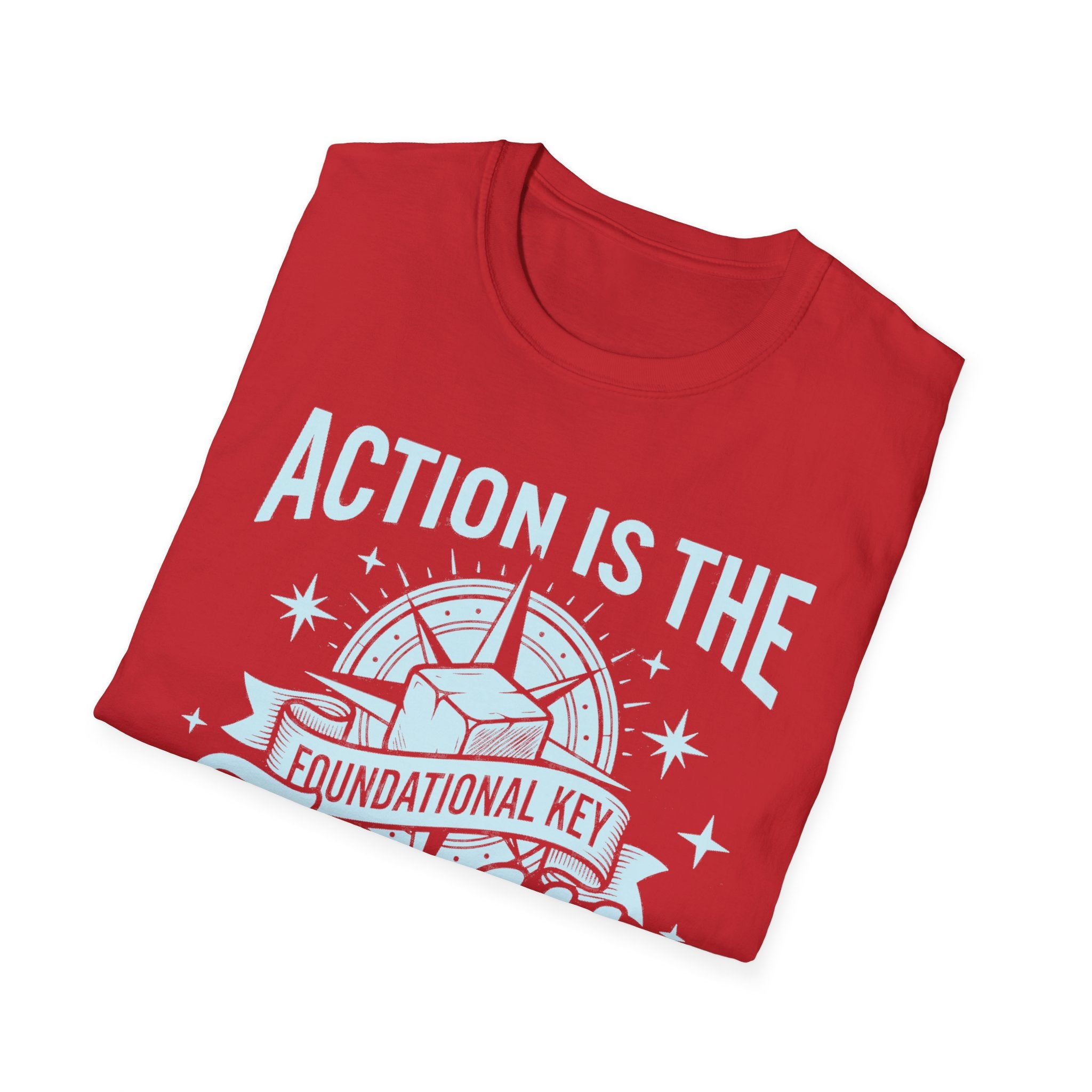 Red Action Is The Foundational Key T-shirt with graphic and slogan print