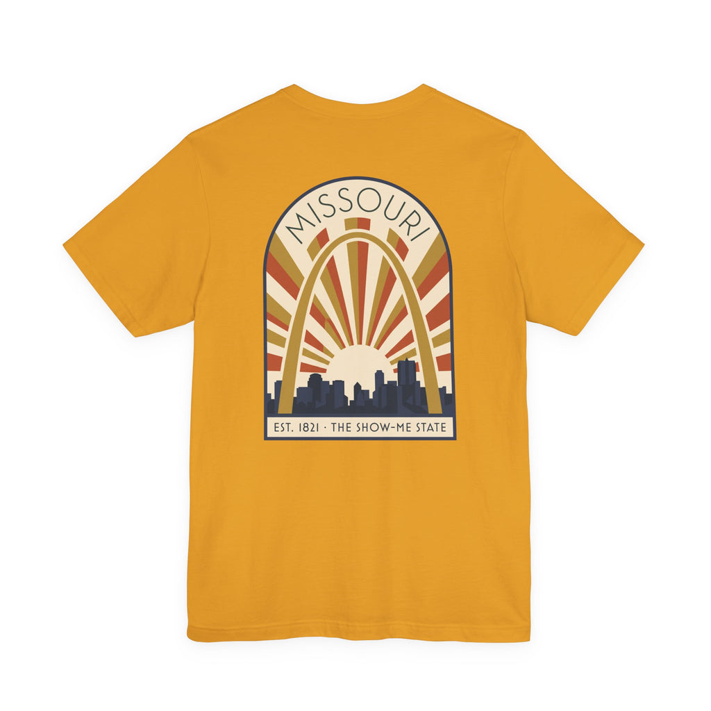 Mustard Missouri sunrise art deco T-shirt with arch skyline graphic and “MISSOURI” text.