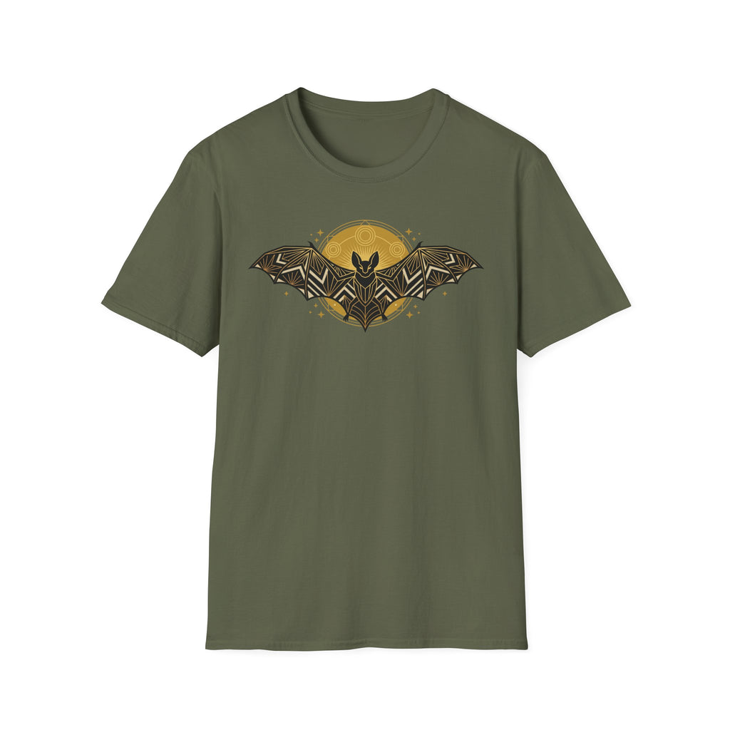 Military green T-shirt with geometric bat logo graphic on front, short sleeves