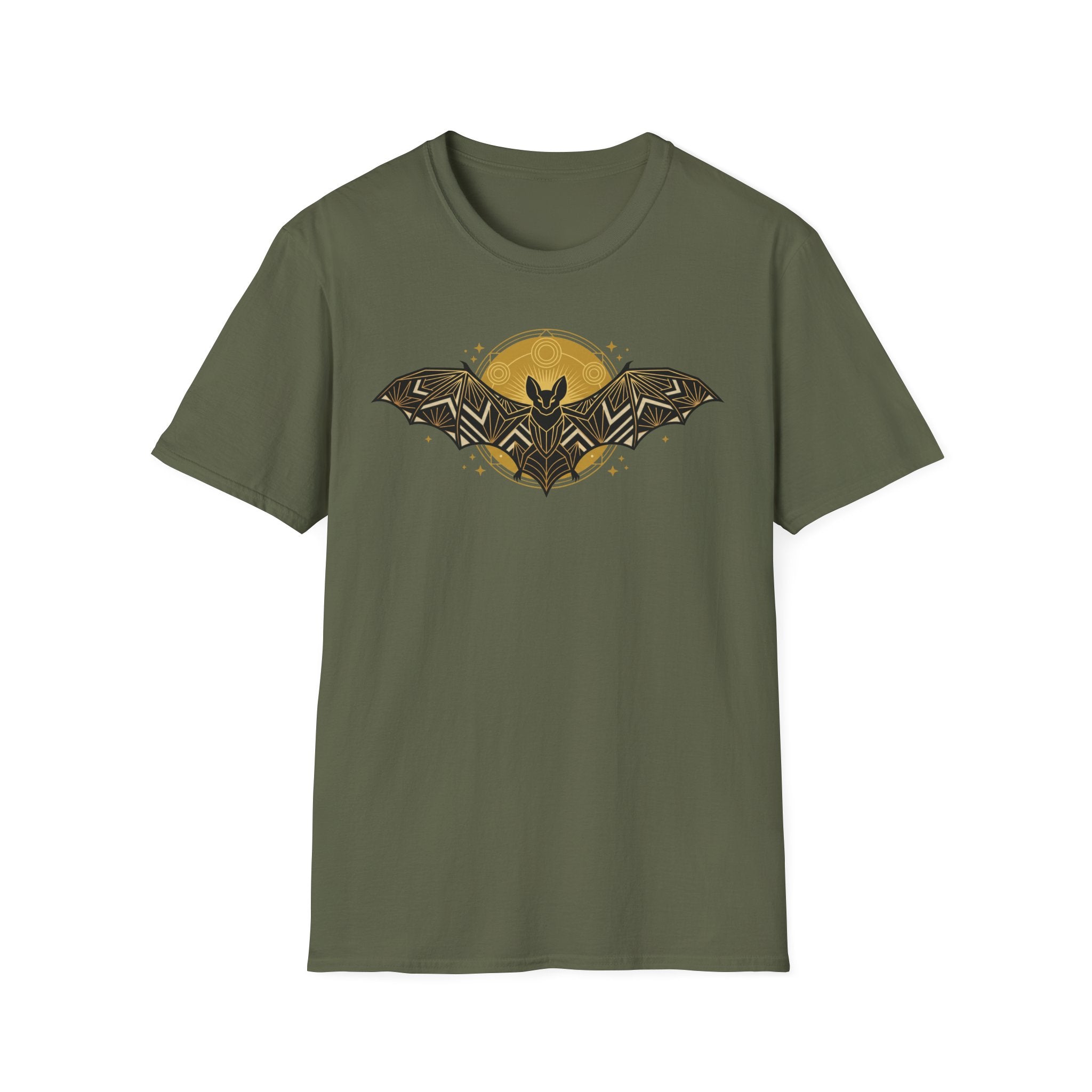 Military green T-shirt with geometric bat logo graphic on front, short sleeves