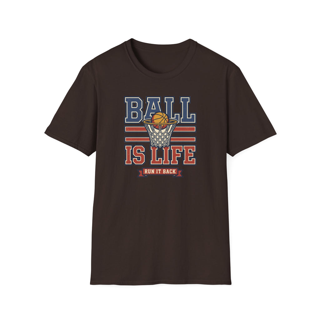 Dark chocolate basketball T-shirt, front graphic with hoop and text