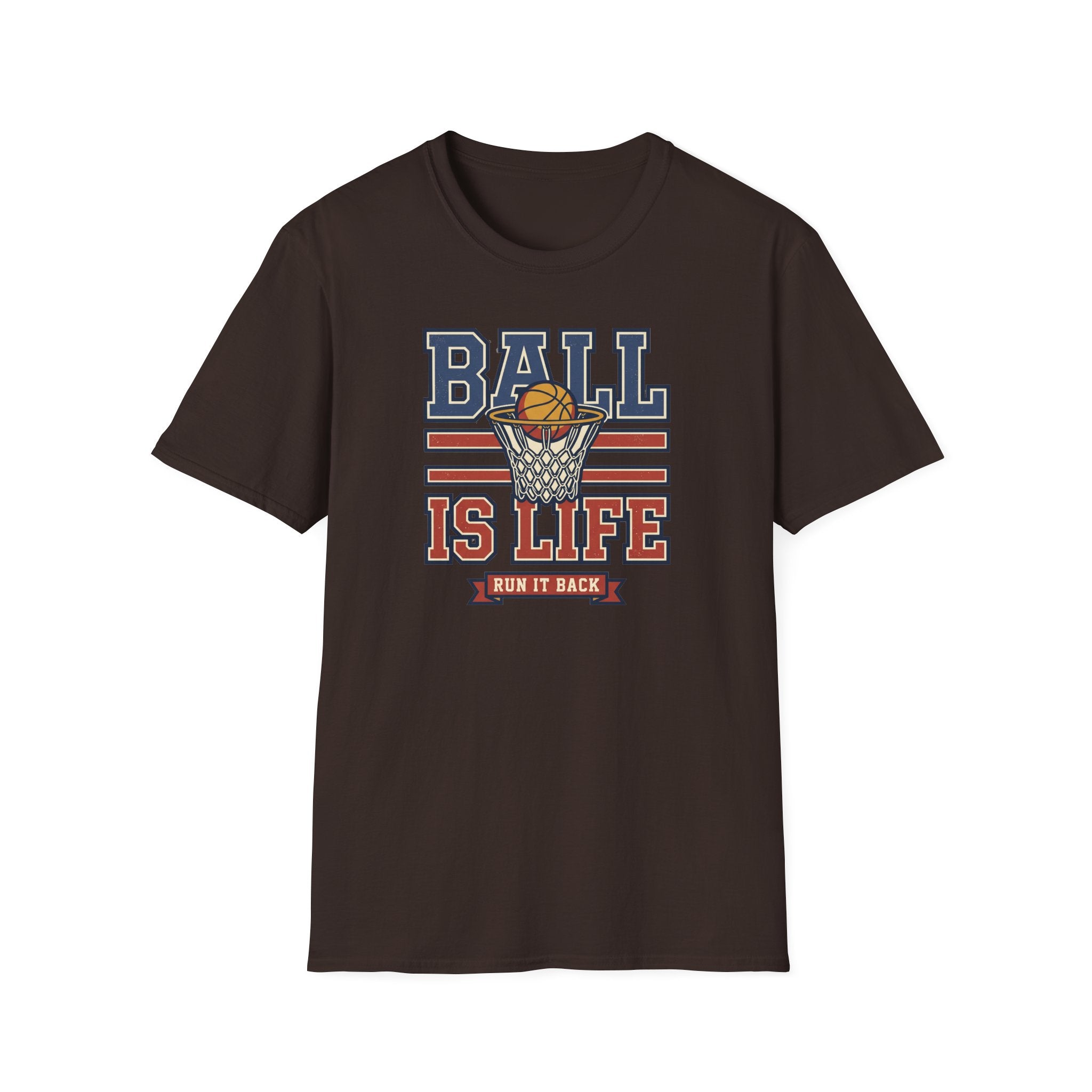 Dark chocolate basketball T-shirt, front graphic with hoop and text