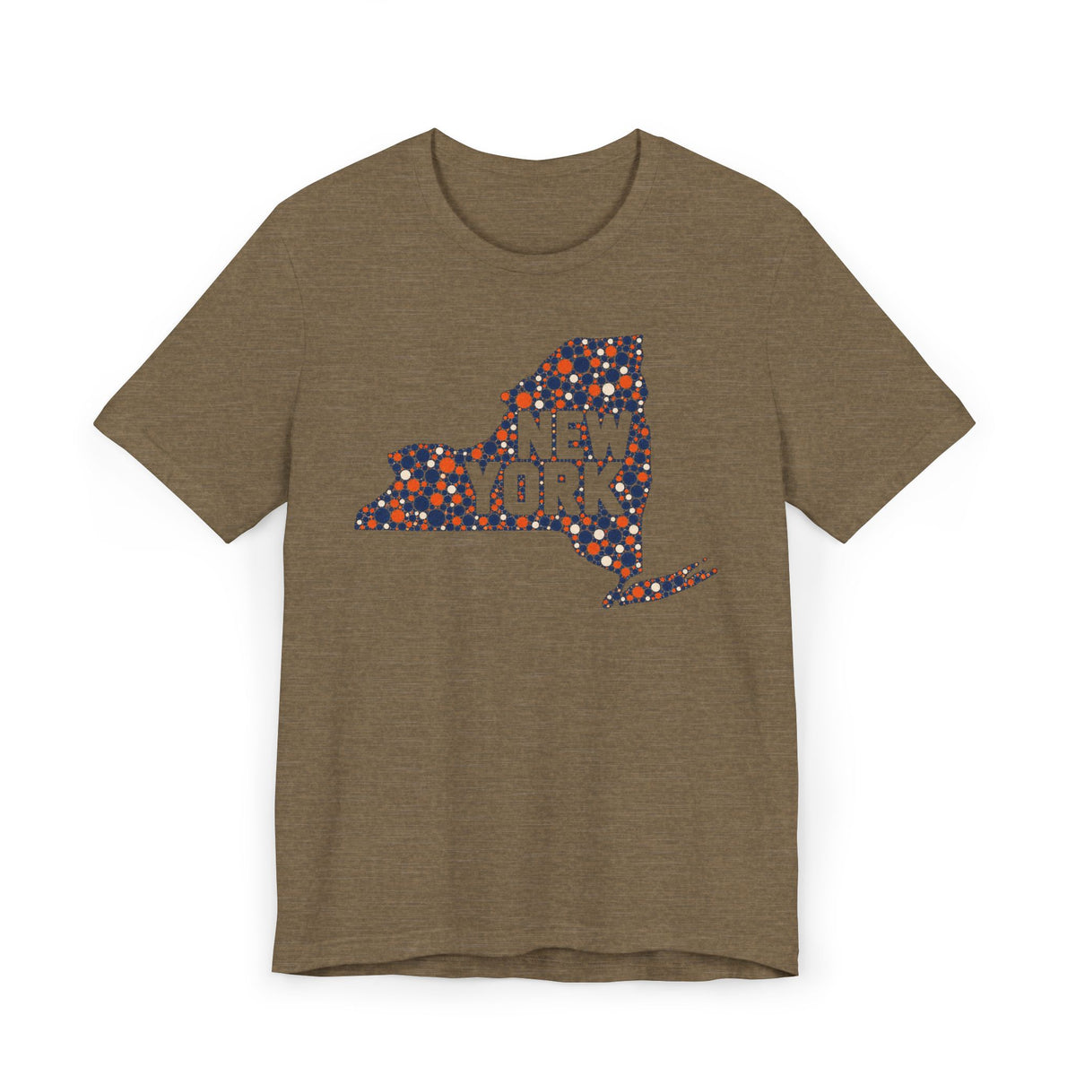 Brown short-sleeve t-shirt with colorful New York state outline graphic