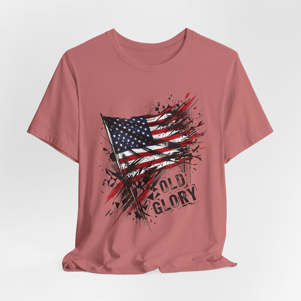 Distressed American flag t-shirt, dusty pink, crew neck, front graphic