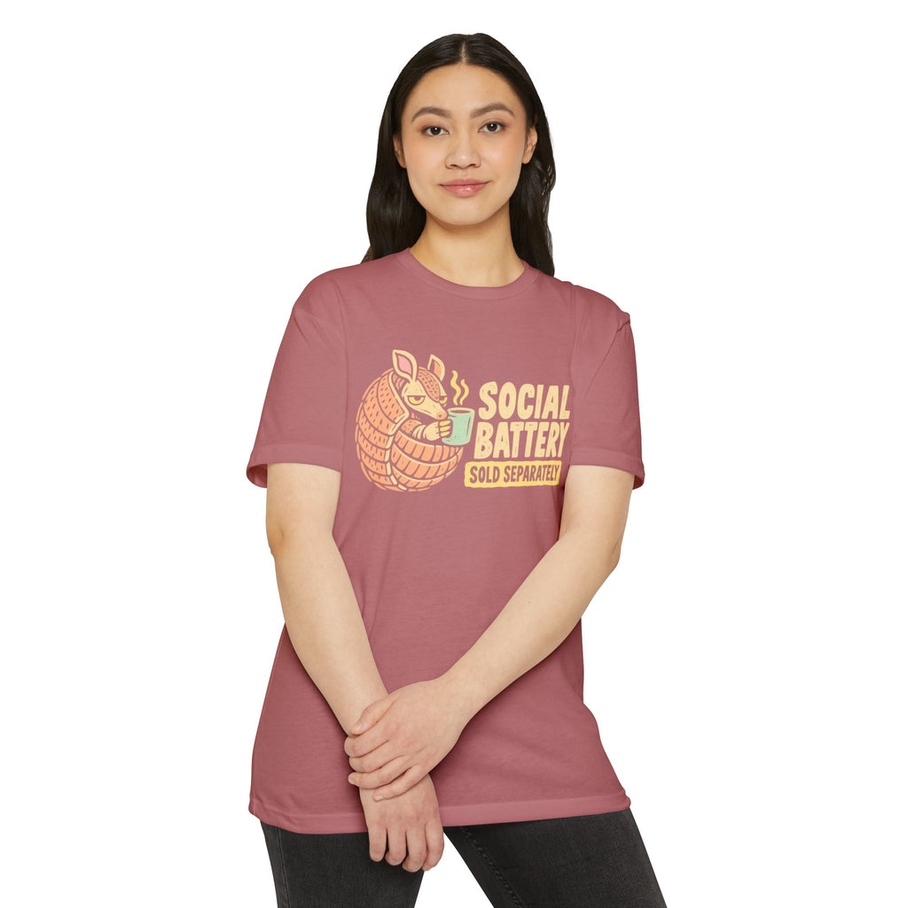 Rose crew-neck t-shirt with armadillo “Social Battery” graphic on the chest
