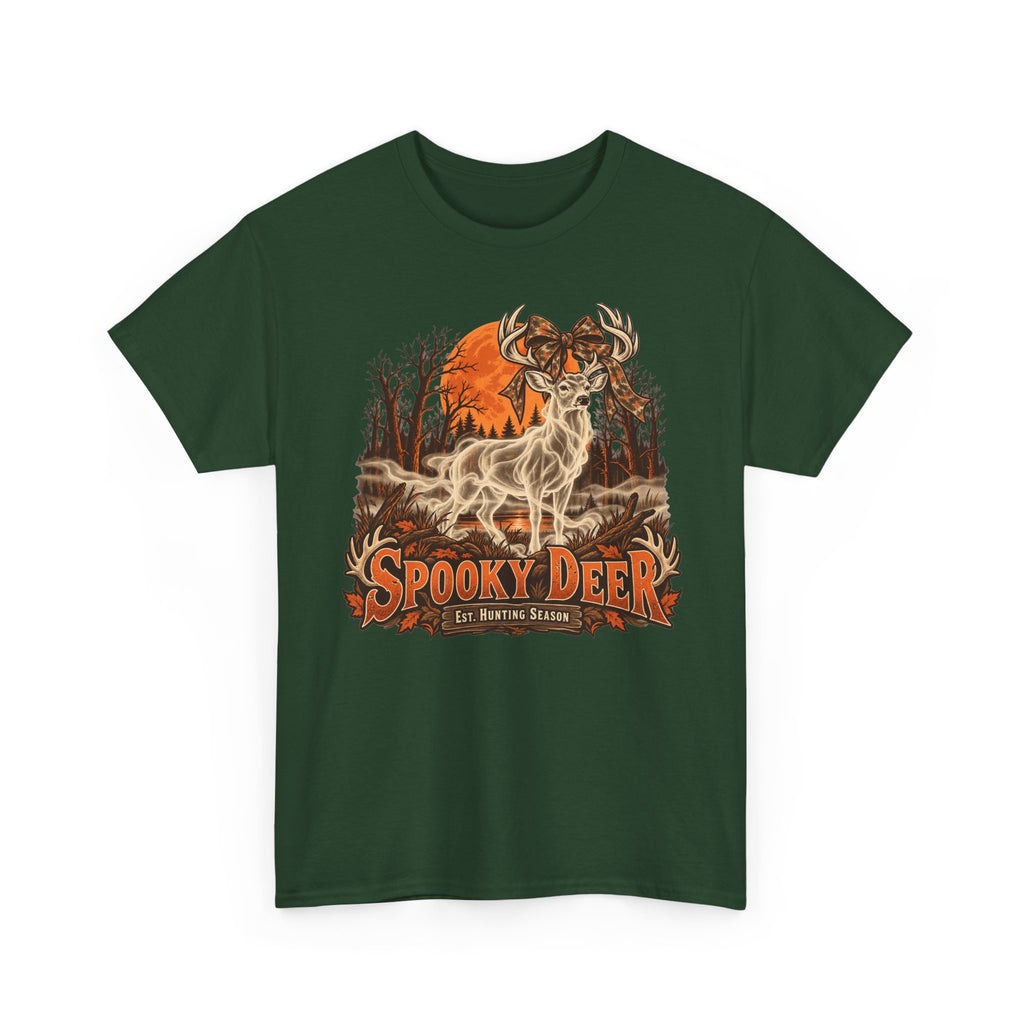 Forest green T-shirt with orange ghost deer hunting graphic on chest