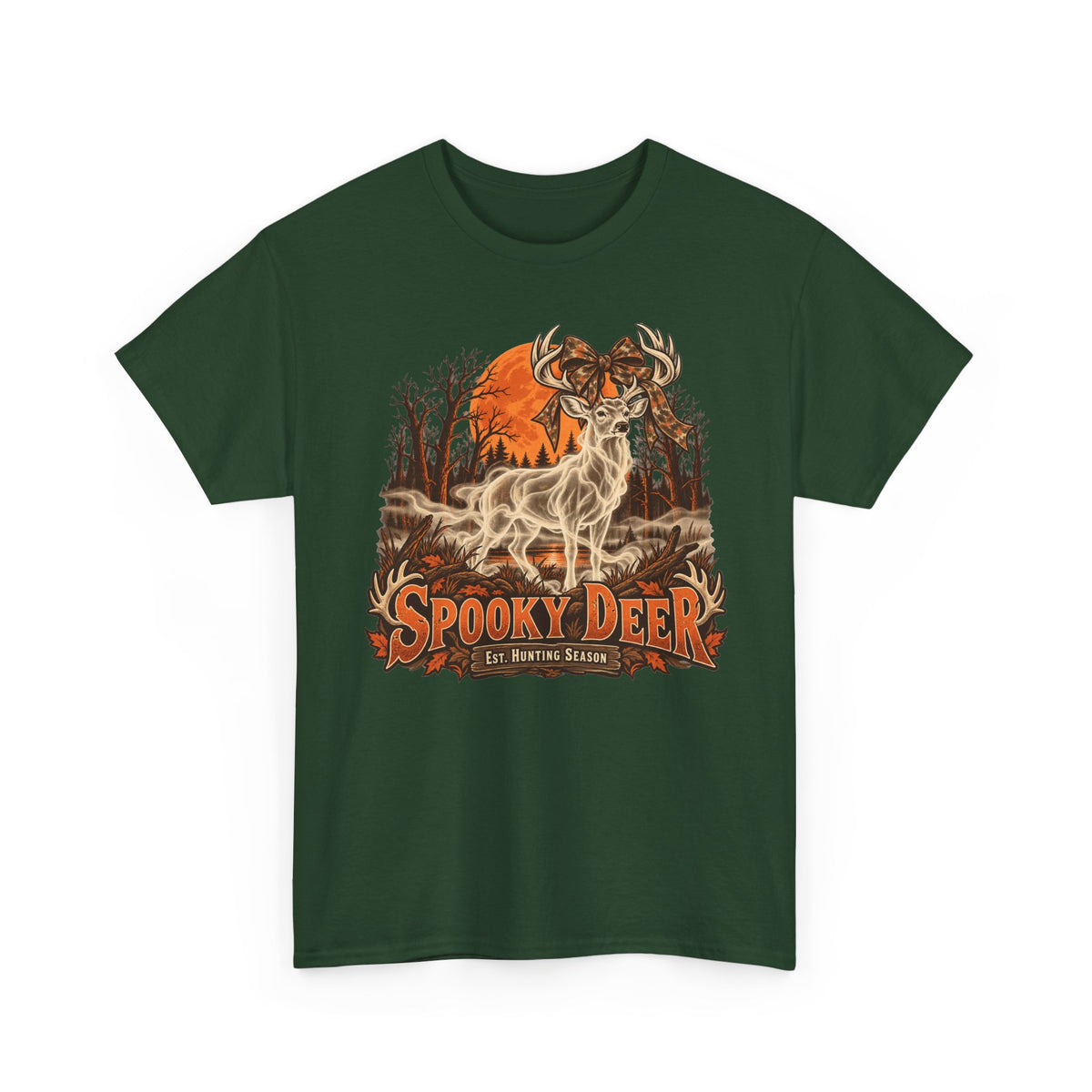 Forest green T-shirt with orange ghost deer hunting graphic on chest