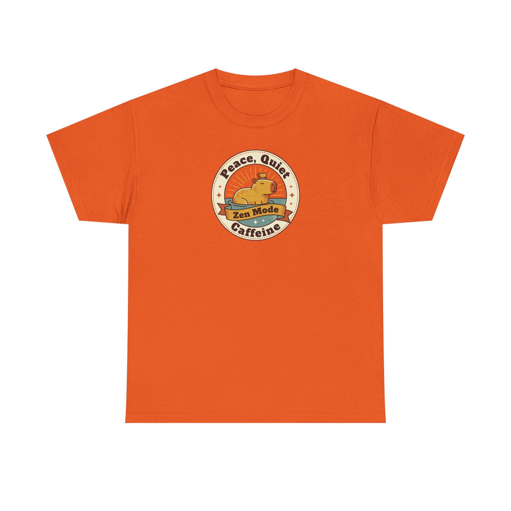 Dark orange crew neck T-shirt with Peace Quiet Caffeine Zen Mode circular emblem