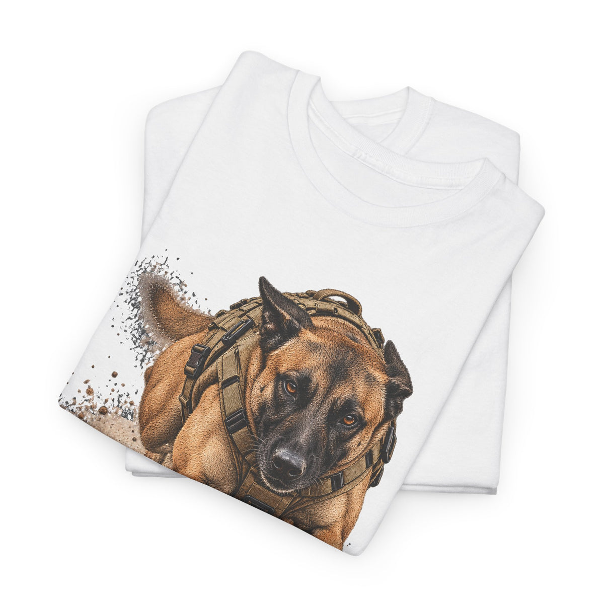 White crew-neck T-shirt with Belgian Malinois K9 dog graphic, short sleeves