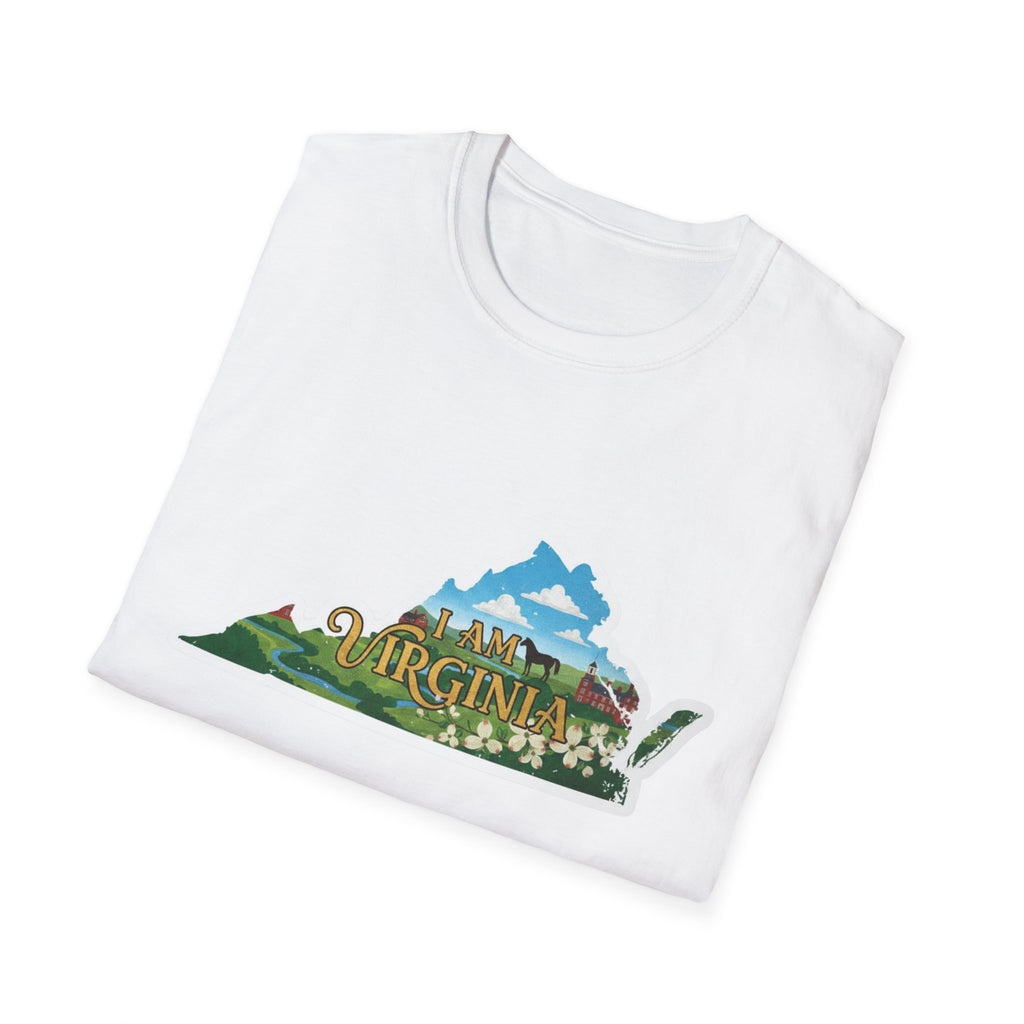 White t-shirt with diagonal “I AM VIRGINIA” scenic state outline graphic