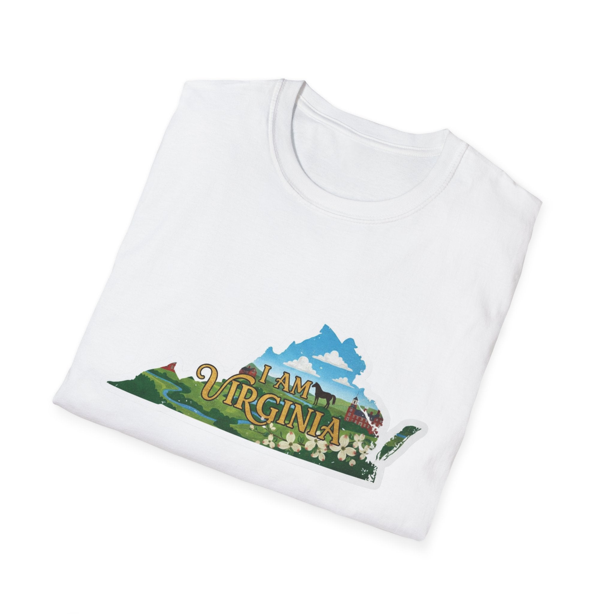White t-shirt with diagonal “I AM VIRGINIA” scenic state outline graphic